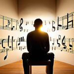**Prompt:** A person sits in a dimly lit, slightly chaotic room, surrounded by complex, abstract musical notation that appears daunting and jumbled. Suddenly, a beam of bright, golden light shines onto the notation, causing it to transform into clear, organized, glowing musical notes and simplified, understandable symbols like an alphabet. The person's face shifts from confusion to a look of profound understanding and joyful curiosity, symbolizing the "aha!" moment of demystifying music theory. The background implies a journey from fear to enlightenment.