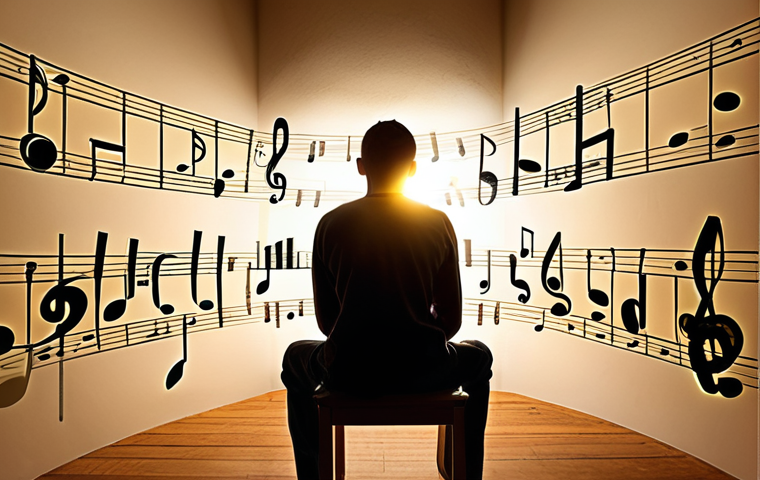 **Prompt:** A person sits in a dimly lit, slightly chaotic room, surrounded by complex, abstract musical notation that appears daunting and jumbled. Suddenly, a beam of bright, golden light shines onto the notation, causing it to transform into clear, organized, glowing musical notes and simplified, understandable symbols like an alphabet. The person's face shifts from confusion to a look of profound understanding and joyful curiosity, symbolizing the "aha!" moment of demystifying music theory. The background implies a journey from fear to enlightenment.