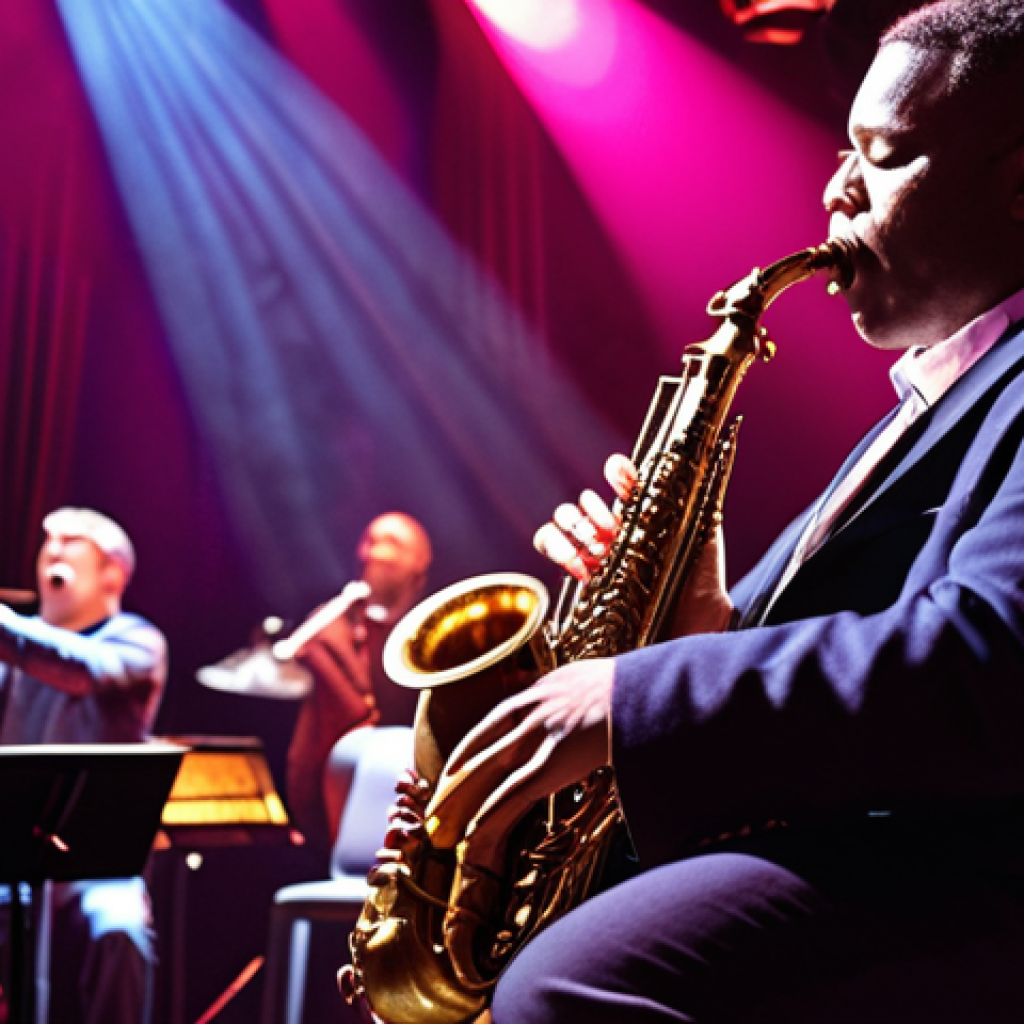 **"A saxophonist passionately playing jazz improvisation on stage, bathed in colorful stage lights, audience applauding.  Focus on the energy and freedom of jazz, include elements of improvisation like jazz scales and chord changes."**