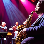 **"A saxophonist passionately playing jazz improvisation on stage, bathed in colorful stage lights, audience applauding.  Focus on the energy and freedom of jazz, include elements of improvisation like jazz scales and chord changes."**