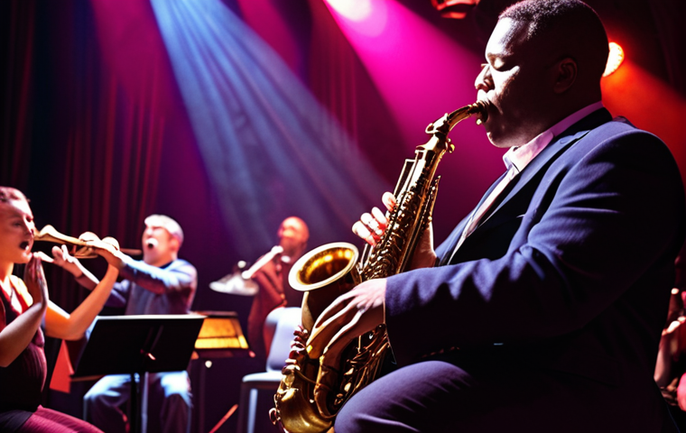 **"A saxophonist passionately playing jazz improvisation on stage, bathed in colorful stage lights, audience applauding.  Focus on the energy and freedom of jazz, include elements of improvisation like jazz scales and chord changes."**
