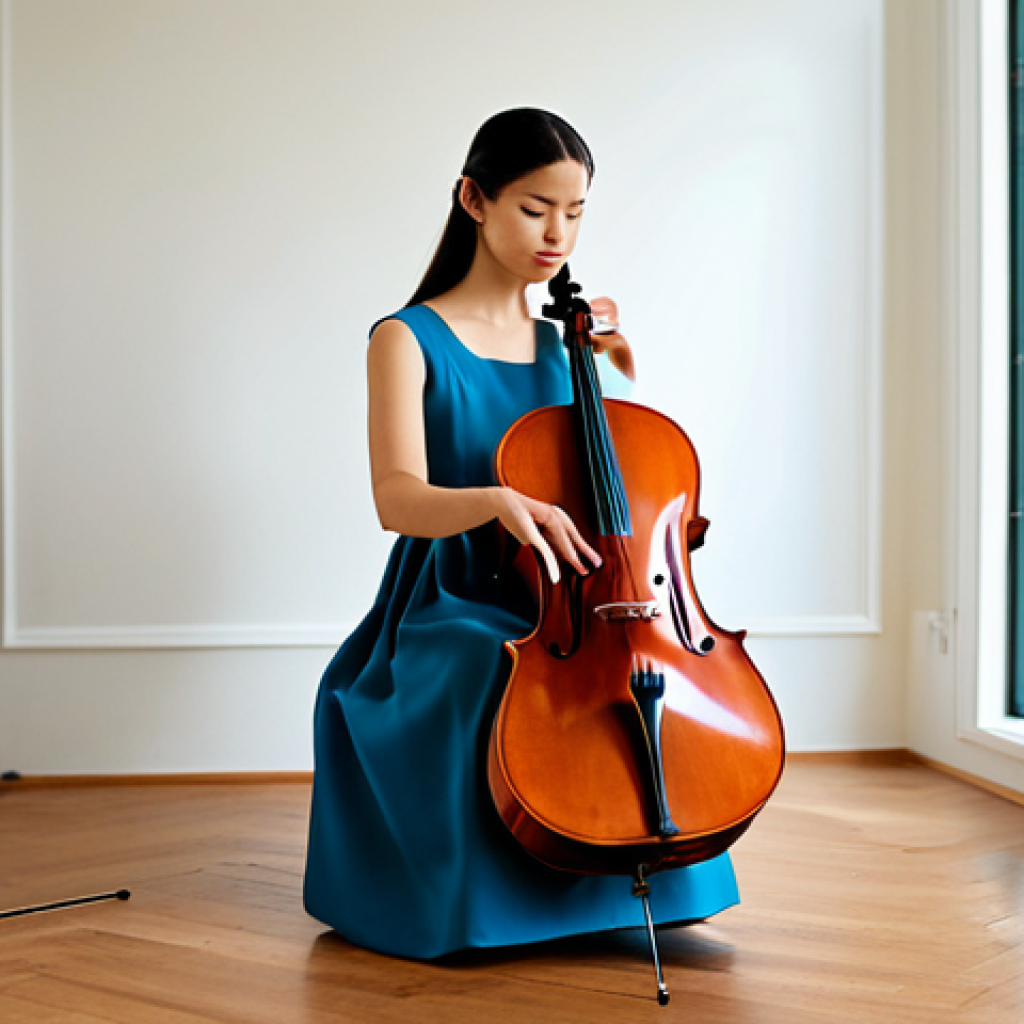 첼로 연주 기법 - Cello Practice Session**

"A cello student, fully clothed in modest practice attire, diligently prac...