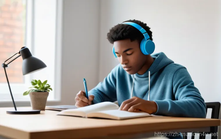 음악과 기억력 향상 - **"A young adult, possibly in their early 20s, sits comfortably on a plush sofa, eyes closed, with a...