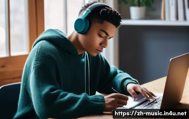 음악과 창의력 개발 - **Prompt:** A young, focused individual, gender-neutral, wearing a cozy oversized sweater and comfor...