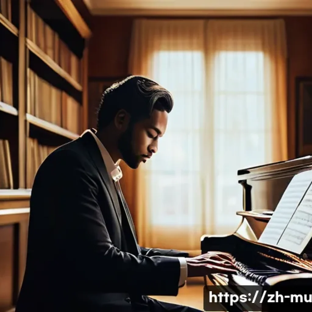 작곡 기법 연구 - **Prompt 1: The Soul of Melody**
    A focused composer, dressed in smart casual wear, sits at a cla...