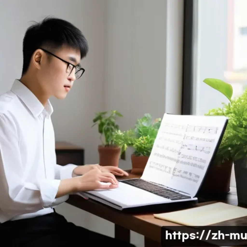 음악 논문 작성법 - A modern academic study scene focused on music theory, showing a young Chinese scholar sitting at a ...