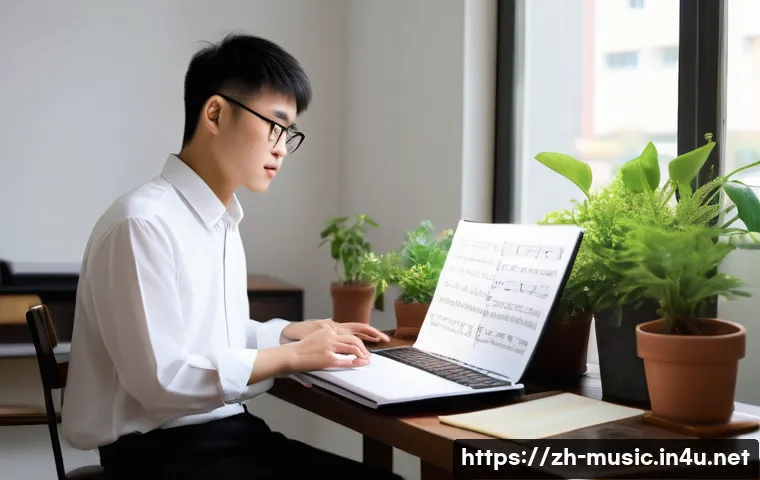 음악 논문 작성법 - A modern academic study scene focused on music theory, showing a young Chinese scholar sitting at a ...