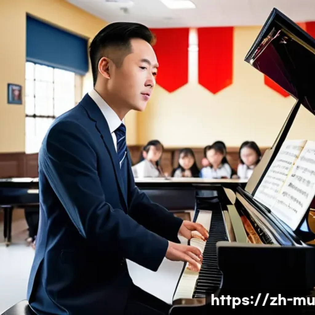 음악 교사 자격증 안내 - A professional Chinese music teacher in a modern classroom setting, wearing formal attire with a nea...