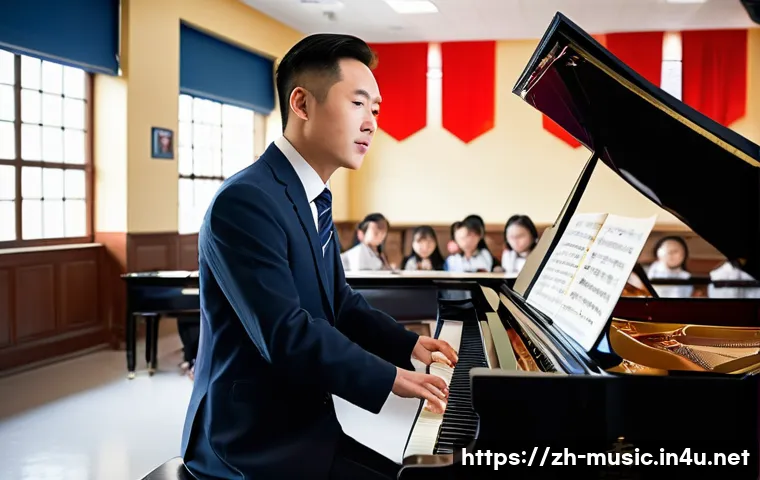 음악 교사 자격증 안내 - A professional Chinese music teacher in a modern classroom setting, wearing formal attire with a nea...