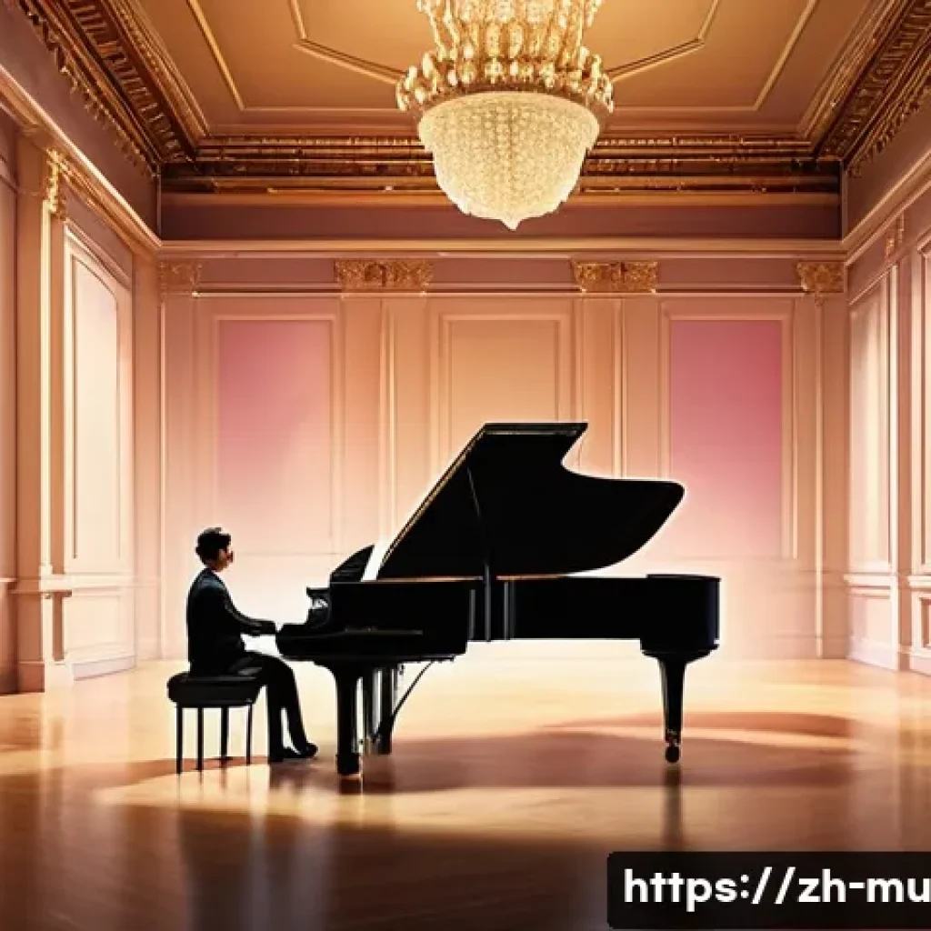 음악과 문학의 관계 - A serene concert hall scene featuring a pianist performing a gentle solo on a grand piano, surrounde...