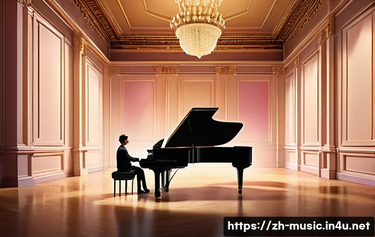 음악과 문학의 관계 - A serene concert hall scene featuring a pianist performing a gentle solo on a grand piano, surrounde...