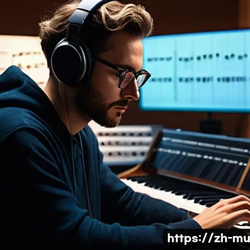 영화 음악 작곡 기법 - A cinematic composer in a modern studio surrounded by musical instruments such as piano, violin, cla...