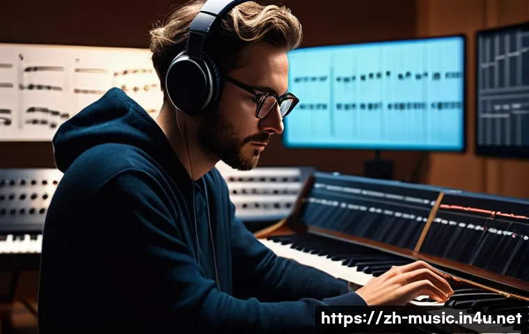 영화 음악 작곡 기법 - A cinematic composer in a modern studio surrounded by musical instruments such as piano, violin, cla...