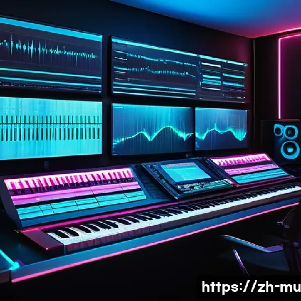 현대 음악 작곡 기법 - A futuristic electronic music studio interior featuring a sleek digital audio workstation (DAW) inte...