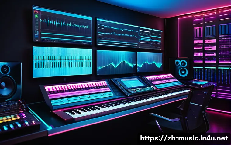 현대 음악 작곡 기법 - A futuristic electronic music studio interior featuring a sleek digital audio workstation (DAW) inte...