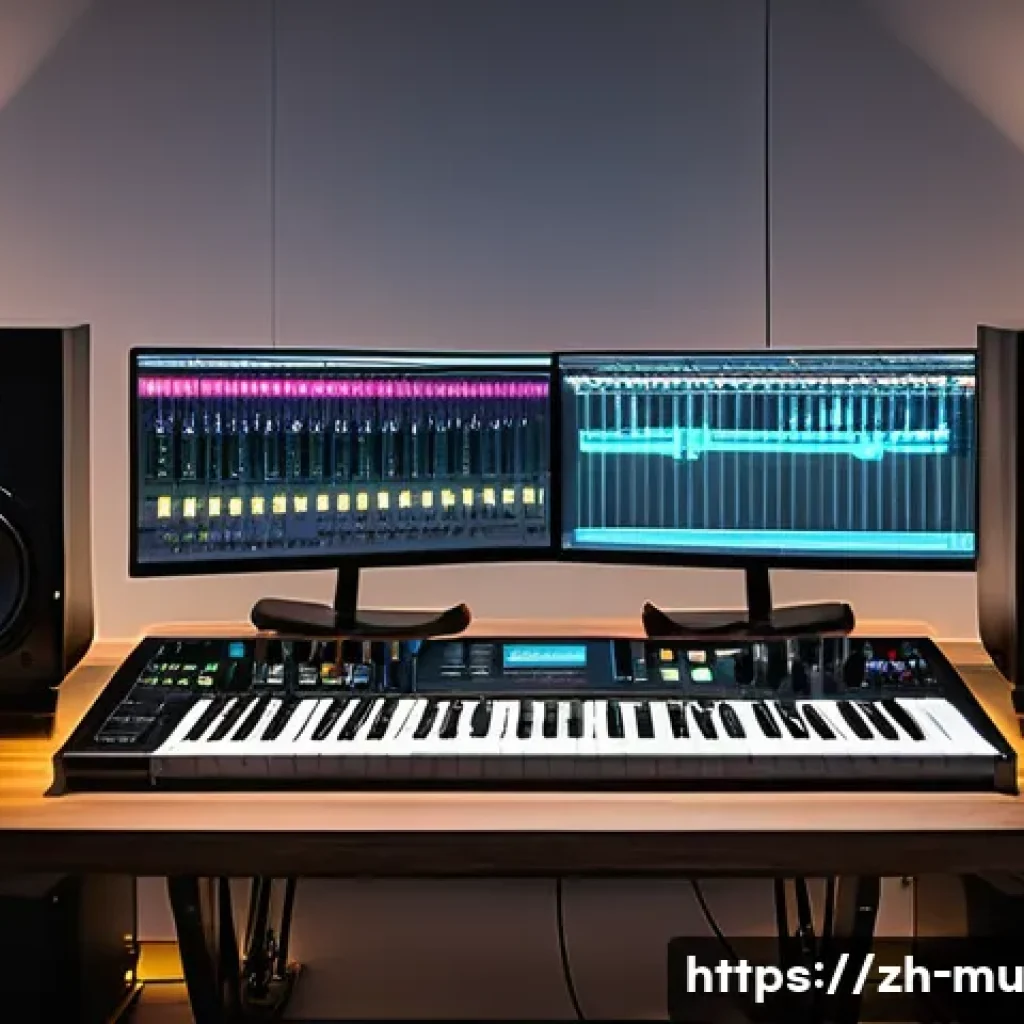 필수 음악 소프트웨어 - A modern music production studio scene featuring a sleek digital audio workstation (DAW) setup with ...