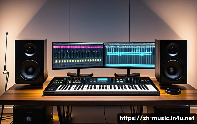 필수 음악 소프트웨어 - A modern music production studio scene featuring a sleek digital audio workstation (DAW) setup with ...