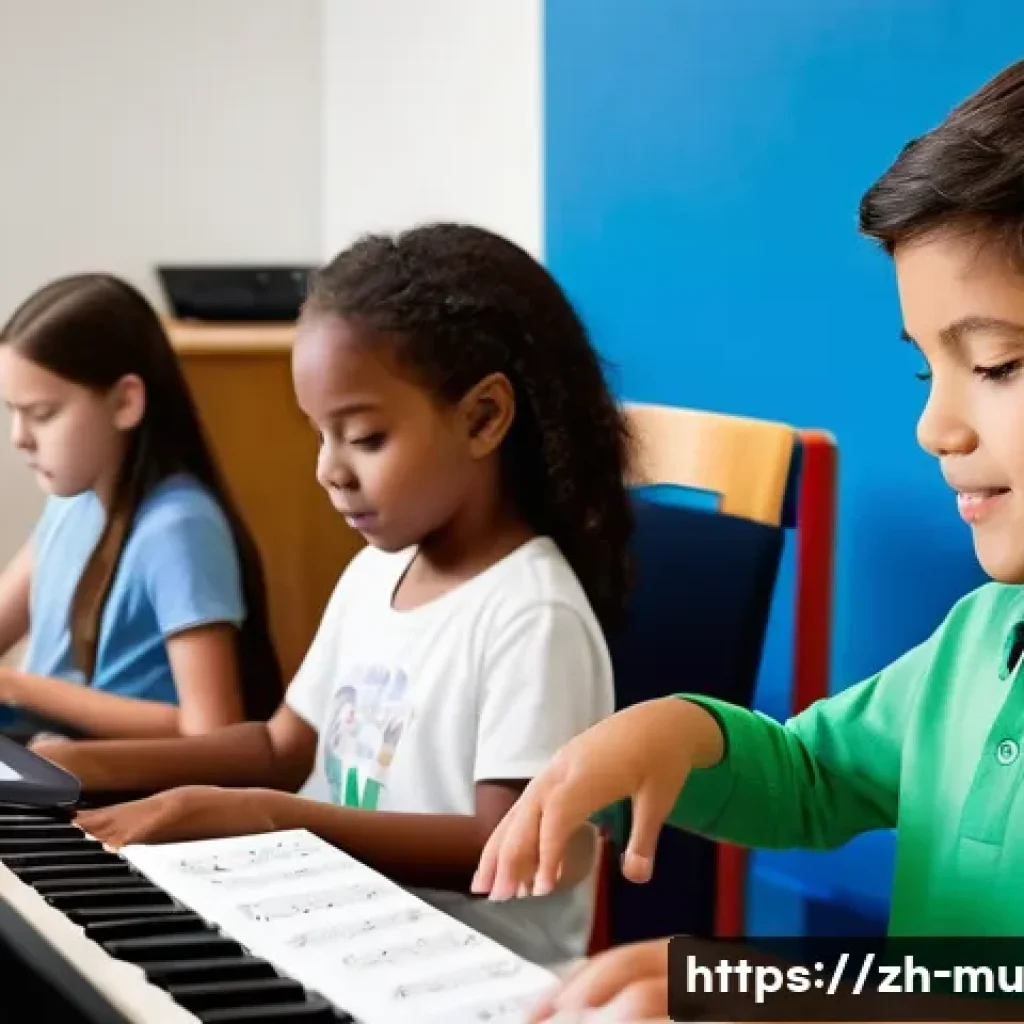 음악 교육 철학 - A modern music classroom scene showing a diverse group of students engaged in personalized music lea...