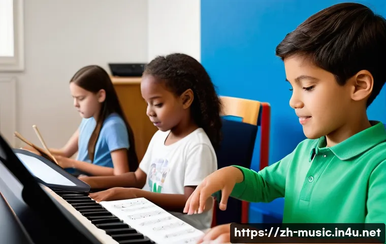 음악 교육 철학 - A modern music classroom scene showing a diverse group of students engaged in personalized music lea...