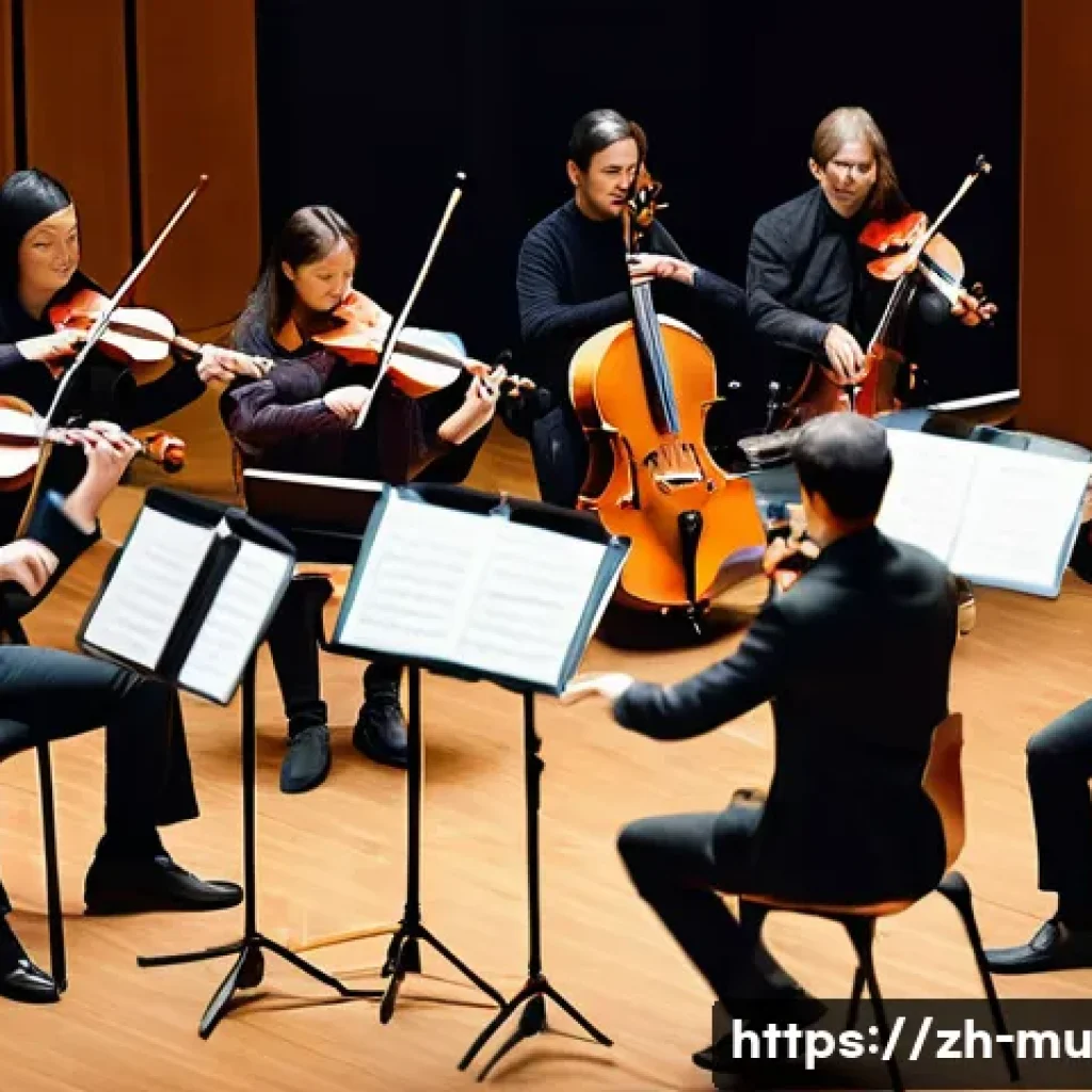 합주 지도 방법 - A harmonious orchestra rehearsal scene in a modern concert hall with diverse musicians playing vario...