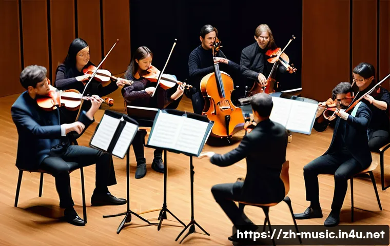 합주 지도 방법 - A harmonious orchestra rehearsal scene in a modern concert hall with diverse musicians playing vario...