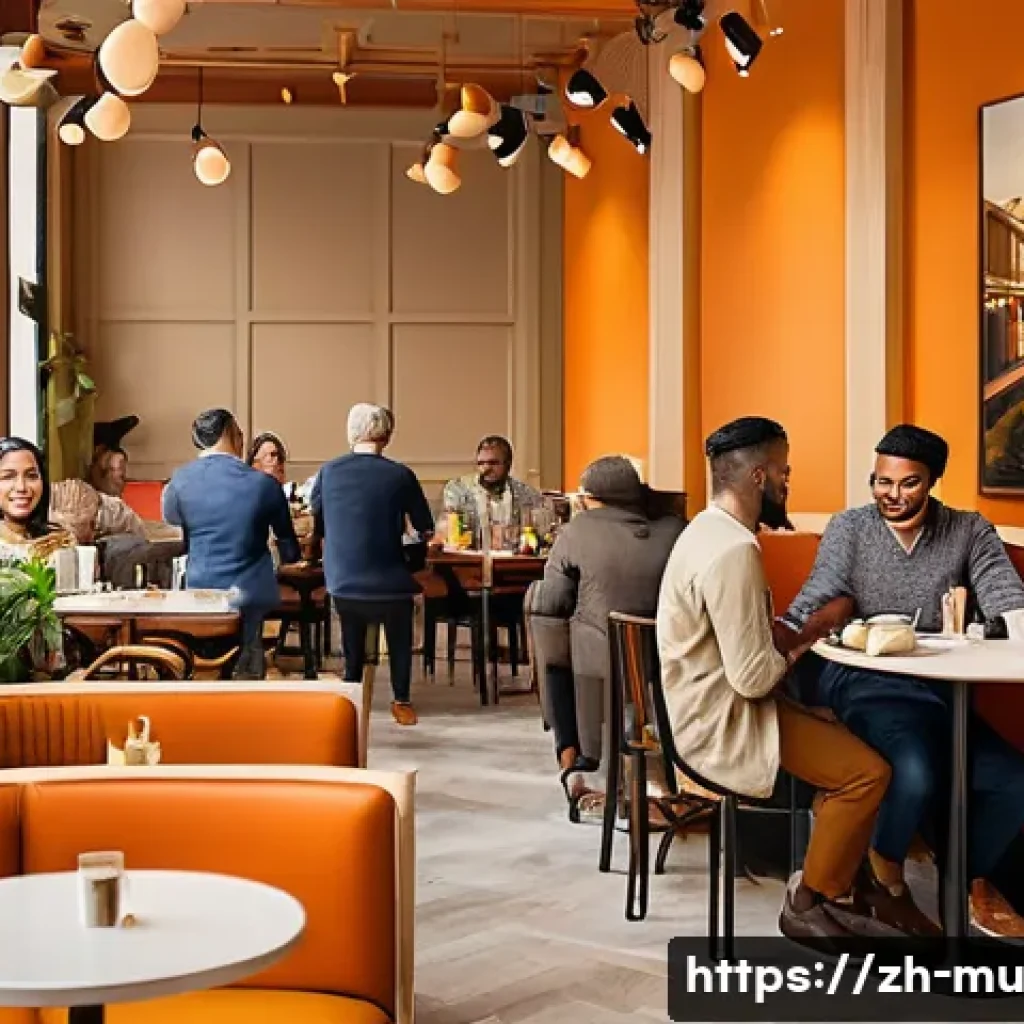 음악과 색채 심리 - A vibrant indoor café scene bathed in warm beige tones on the walls, filled with lively patrons enjo...