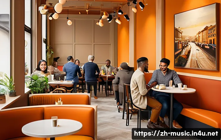 음악과 색채 심리 - A vibrant indoor caf&eacute; scene bathed in warm beige tones on the walls, filled with lively patrons enjo...