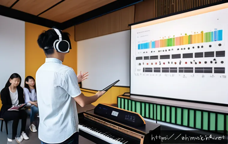 음악 대학 교수 인터뷰 - A modern music classroom scene featuring a diverse group of students attentively participating in an...