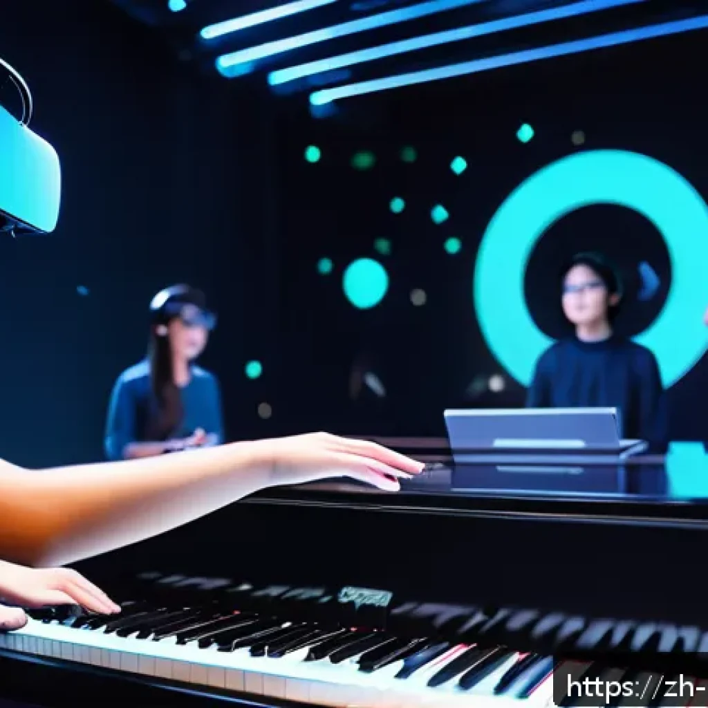 VR 음악 교육 콘텐츠 - A detailed VR music classroom scene showing diverse students wearing VR headsets and interacting wit...