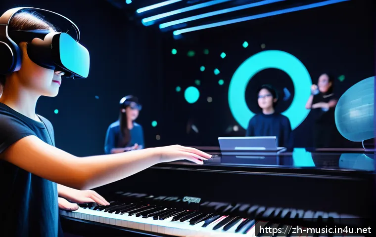 VR 음악 교육 콘텐츠 - A detailed VR music classroom scene showing diverse students wearing VR headsets and interacting wit...