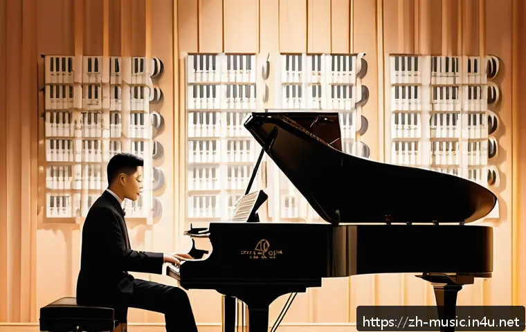 재즈 화성 분석 - A sophisticated jazz club interior scene featuring a pianist playing an extended jazz chord progress...