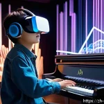 메타버스 속 음악 교육 - A young Chinese student wearing casual clothing and VR headset, sitting in a modern virtual music cl...