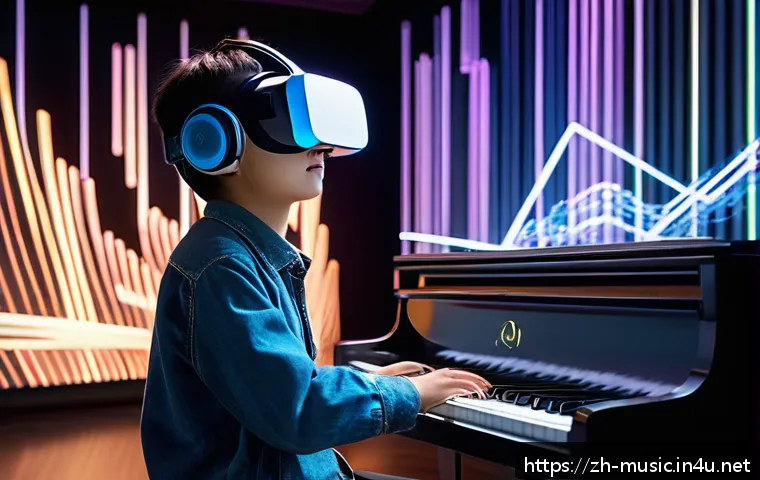 메타버스 속 음악 교육 - A young Chinese student wearing casual clothing and VR headset, sitting in a modern virtual music cl...