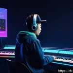 음원 유통 플랫폼 비교 - A modern digital music studio environment showcasing an independent Asian musician uploading songs o...