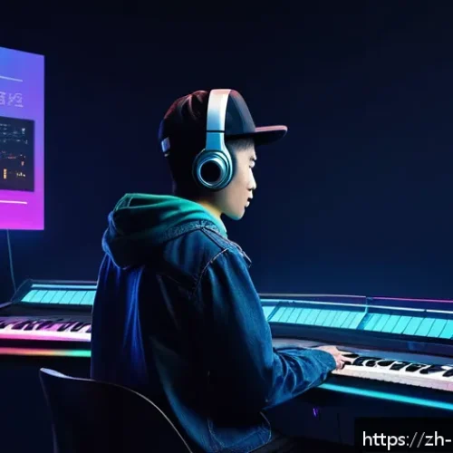 음원 유통 플랫폼 비교 - A modern digital music studio environment showcasing an independent Asian musician uploading songs o...