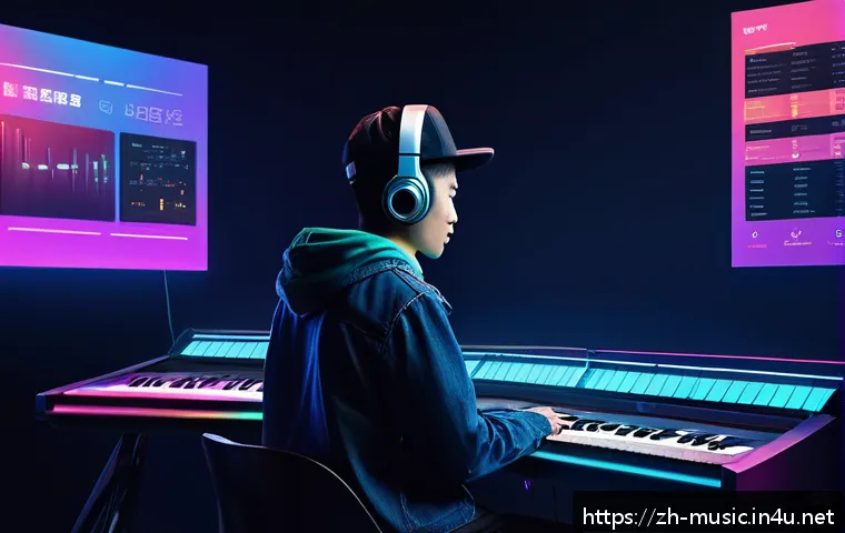 음원 유통 플랫폼 비교 - A modern digital music studio environment showcasing an independent Asian musician uploading songs o...