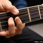 기타 코드 이론 - A close-up, highly detailed image of a young adult guitarist&rsquo;s left hand skillfully forming a C majo...