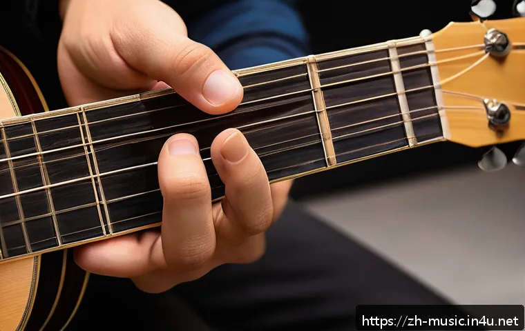 기타 코드 이론 - A close-up, highly detailed image of a young adult guitarist&rsquo;s left hand skillfully forming a C majo...