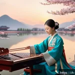 음악과 문화 비교 연구 - A serene scene featuring a traditional Chinese musician playing the guzheng and erhu, dressed in ele...