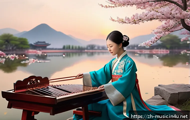 음악과 문화 비교 연구 - A serene scene featuring a traditional Chinese musician playing the guzheng and erhu, dressed in ele...