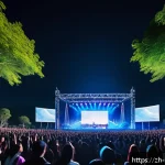 음악 공연 마케팅 - A vibrant outdoor music festival scene at night featuring a large crowd immersed in a 360-degree sur...