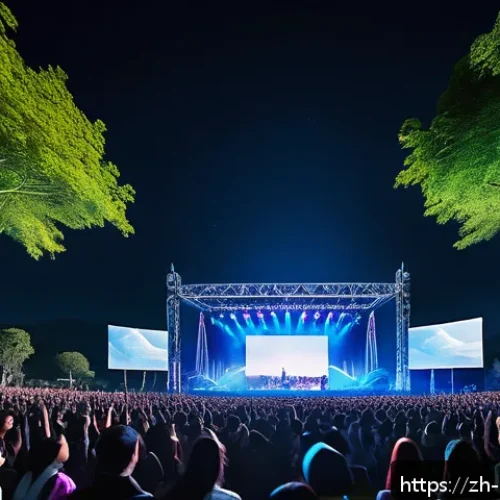 음악 공연 마케팅 - A vibrant outdoor music festival scene at night featuring a large crowd immersed in a 360-degree sur...