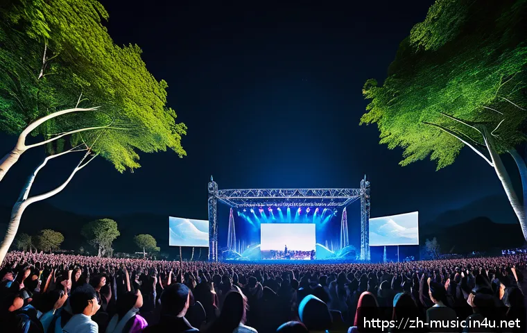 음악 공연 마케팅 - A vibrant outdoor music festival scene at night featuring a large crowd immersed in a 360-degree sur...