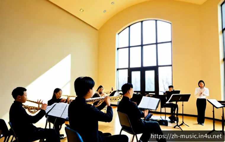 목관 악기 앙상블 - Photorealistic woodwind ensemble rehearsing in a bright modern recital hall, diverse adult musicians...