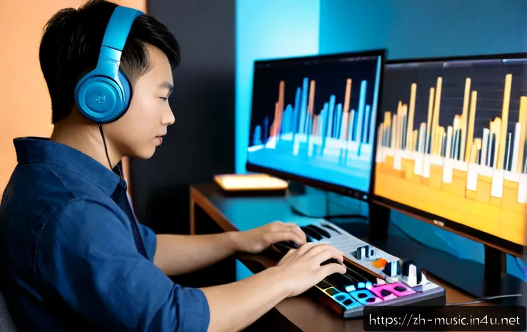 AI 음악 작곡 기술 - Photorealistic modern music production studio, a focused young adult composer wearing headphones at ...